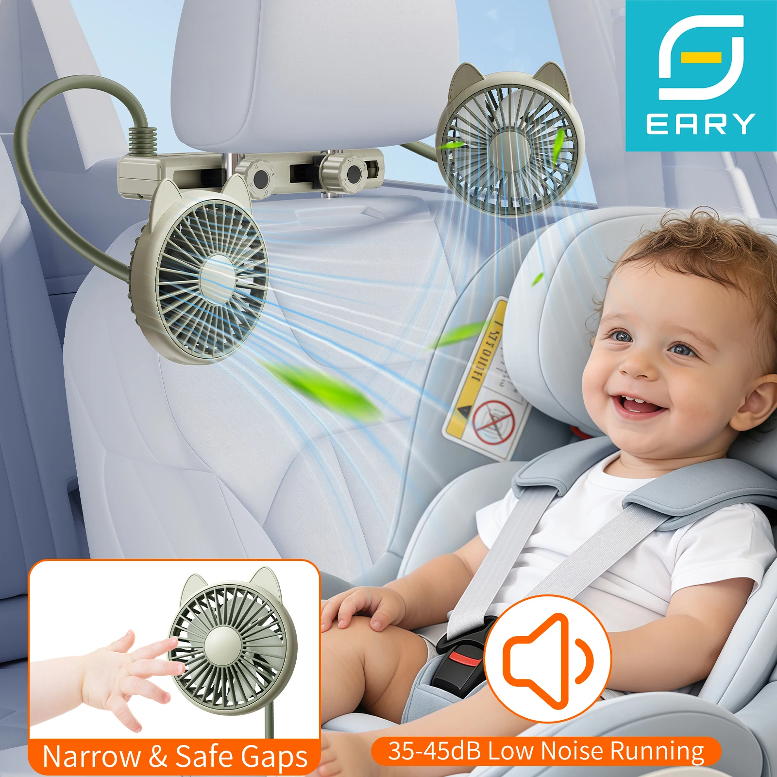 

Портативный USB-вентилятор Eary для автомобильного подголовника, двойной вентилятор с гибкими шлангами для заднего сиденья, USB-вентилятор для детей на заднем сиденье автомобиля с крючком