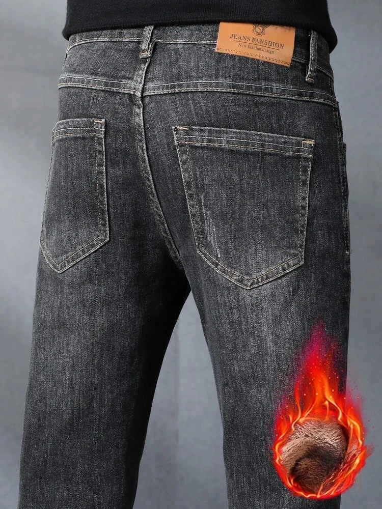

Men's Slim Fleece Winter Jeans Straight Leg Elastic Waist Fashionable Vintage Velvet Thickened Warm Plush Denim Casual Trousers