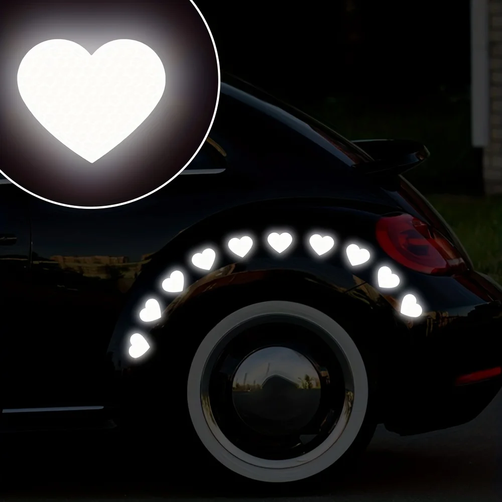 10PCS Heart Shape Reflective Car Stickers Waterproof for Auto Trunk Body Vehicle Night Warning Durable Vinyl Decals Decoration