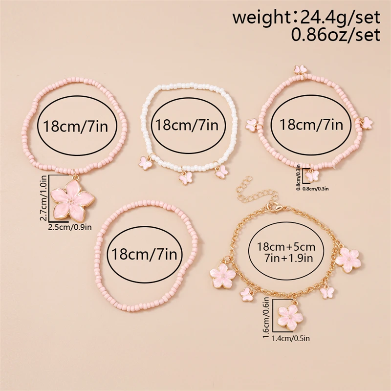 5-teiliges Set Modische Handgefertigte Perlenarmbänder für Frauen, Blumen-Charm-Armbänder, Schmuckgeschenke für Mädchen, Party, Festival – Detail 3