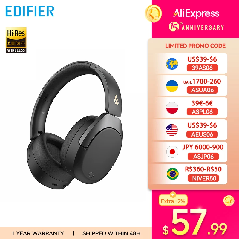 Edifier W830NB Wireless Headphones Bluetooth 5.4 Active Noise Cancelling Hi-Res Over-Ear Headset LDAC Foldable -45dB ANC 94H