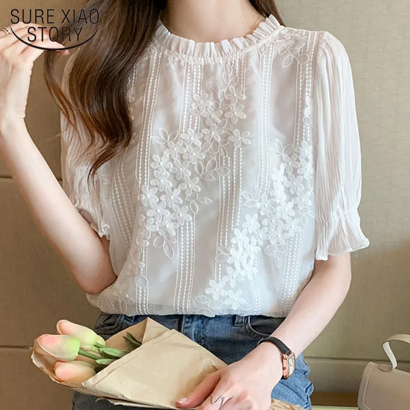 Summer Women Blouse Short Sleeve Embroidery Lace Chiffon Blouse Shirt Blouse Women Blusas Mujer De Moda 2024 Blouses Femme 18927