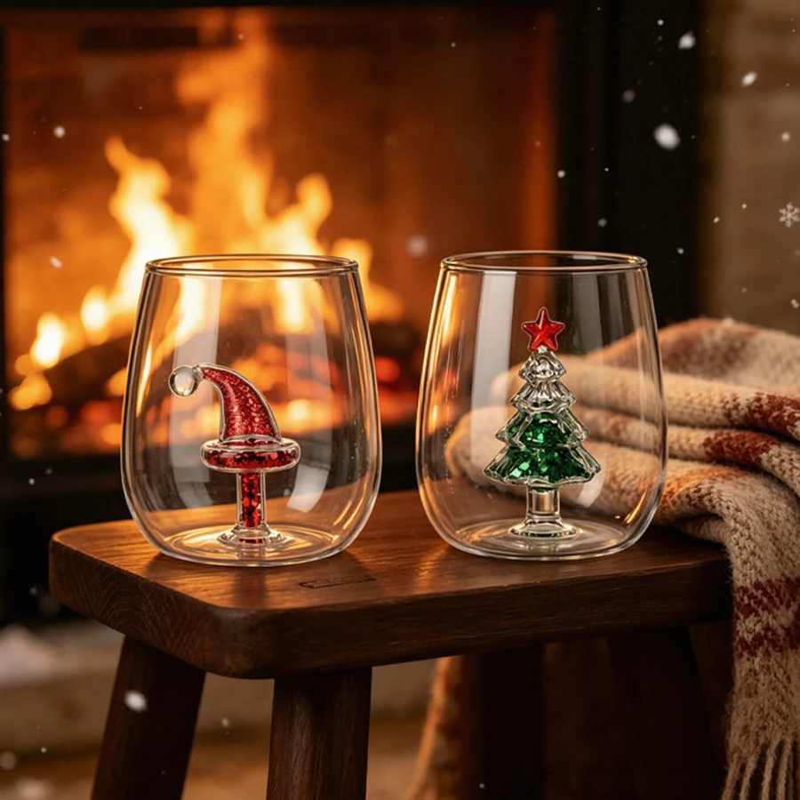 Creative Christmas Themed Glass Mug, Hand‑Blown Clear Glass Tumbler With Built‑in Christmas Tree & Santa Hat Ornament, Xmas Deco