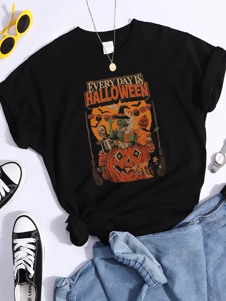 Every Day Is Halloween Prints Womens T-Shirt Breathable Casual T Shirts Summer Soft Tops Street Sweat Hip Hop Women'S T Shirt
