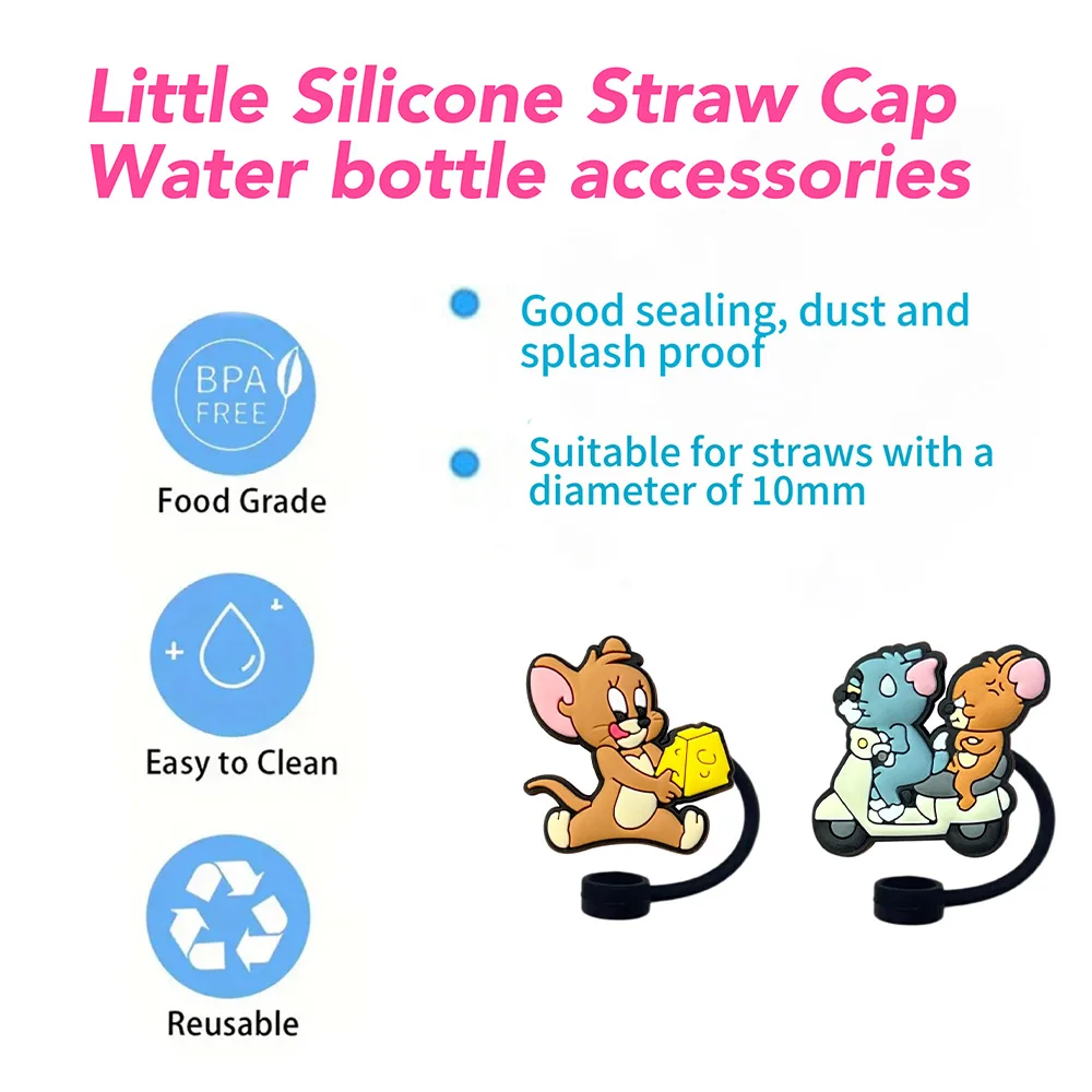 Hot Toys 1-16pcs Cat Mouse Straw Cover Cap 10MM Silicone Straw Plug Reusable Stanley Cup Accessories Straw Cap Charms Pendant