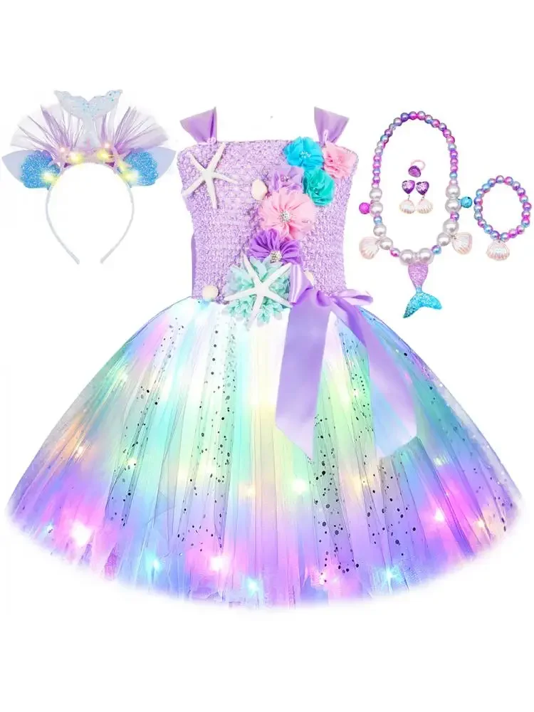 Prinzessin Meerjungfrau Kleid für Mädchen Led Leuchten Ozean Themen Geburtstag Party Tutu Kleid Kleidung Halloween Kostüm für Kinder Vestidos