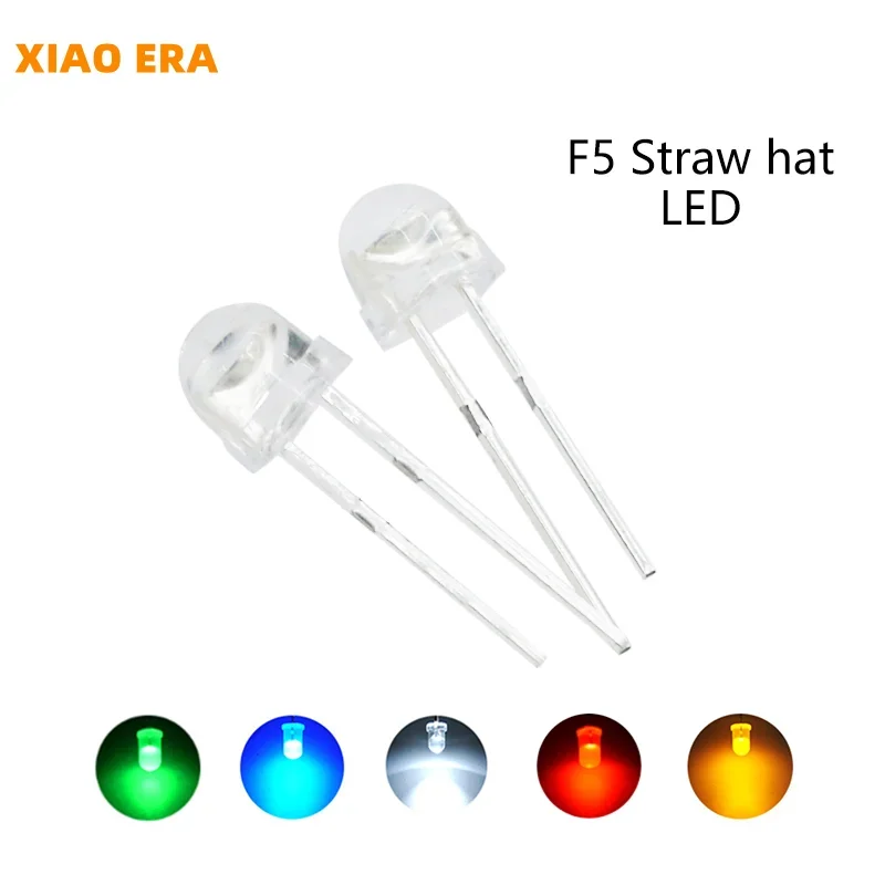 100pcs F5 5mm DIP LED Straw Hat Red Yellow Green White Blue Lamp Beads RGB Light Emitting Diode PCB DIY Assorted Kit