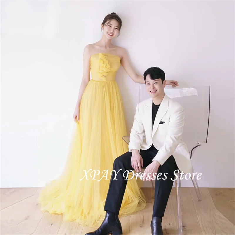 

XPAY Fairy Yellow Tulle A Line Evening Dresses Korea Photo shoot Strapless Flowers Wedding Party Dress Customized Corset