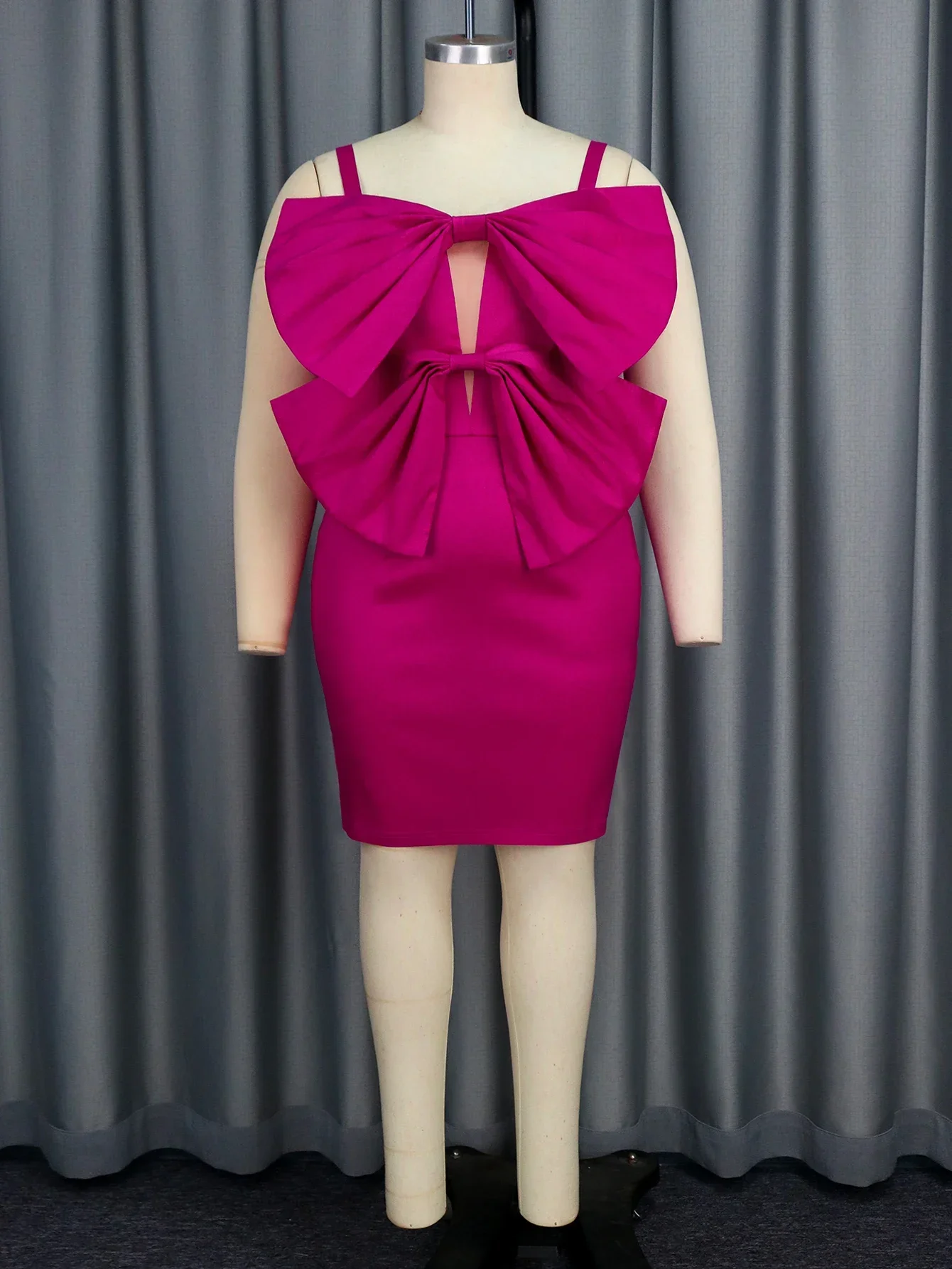 Vrouwen Glanzende Fuchsia Mini Club Feestjurk Spaghettibandje Open Rug Uitgesneden Mesh Patchwork Strik Cocktail Prom Night Event Jurk