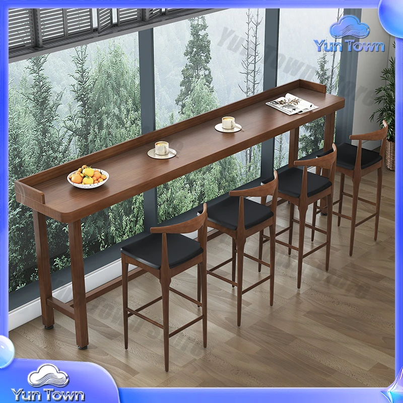 Modern solid wood high and low leg bar table, durable waterproof surface, suitable for family dining, including chairs,