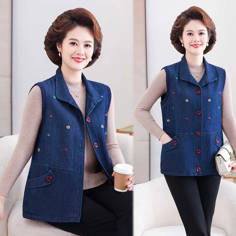 

Свободный повседневный джинсовый жилет с вышивкой для полных женщин, осенняя модель, удобный, дышащий, с воротником, на одной пуговице