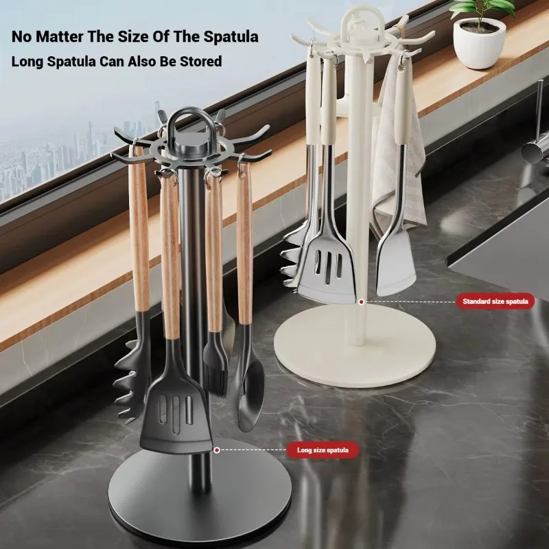 360° Rotating Kitchen Spatula and Utensil Rack - 8-Hook Movable Cooking Tool Storage Organizer for Countertop Space Saving