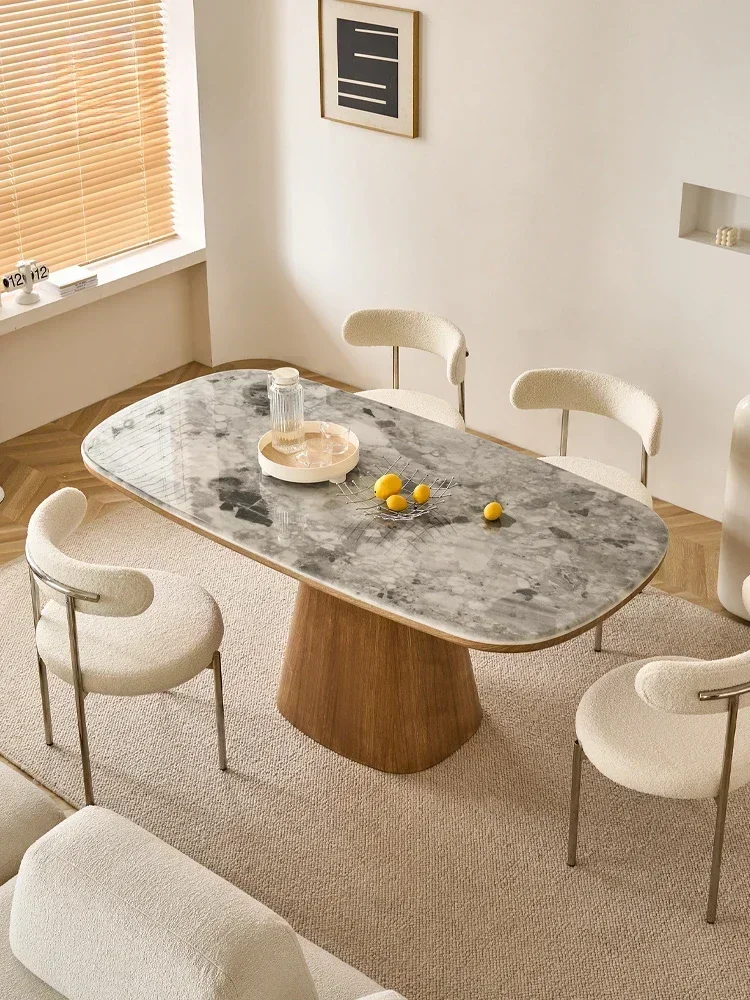 

Practical Fine Solid wood marble dining table and chair Japanese Nordic household small oval log color Superior