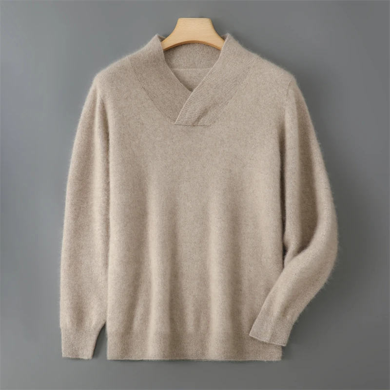 سترة صوف محبوكة 100% برقبة على شكل حرف V للرجال في خريف/شتاء 2025 سترة شبه عالية الرقبة سميكة/عصرية متعددة الاستخدامات دافئة وقاعدة