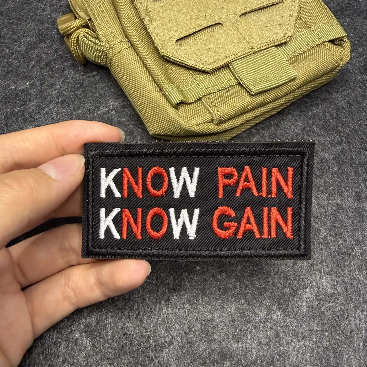 KNOW PAIN KNOW GAIN 8x4cm Embroidery patch hook and loop fasteners inspire Slogan Morale badge. DIY for jacket backpack Clothing