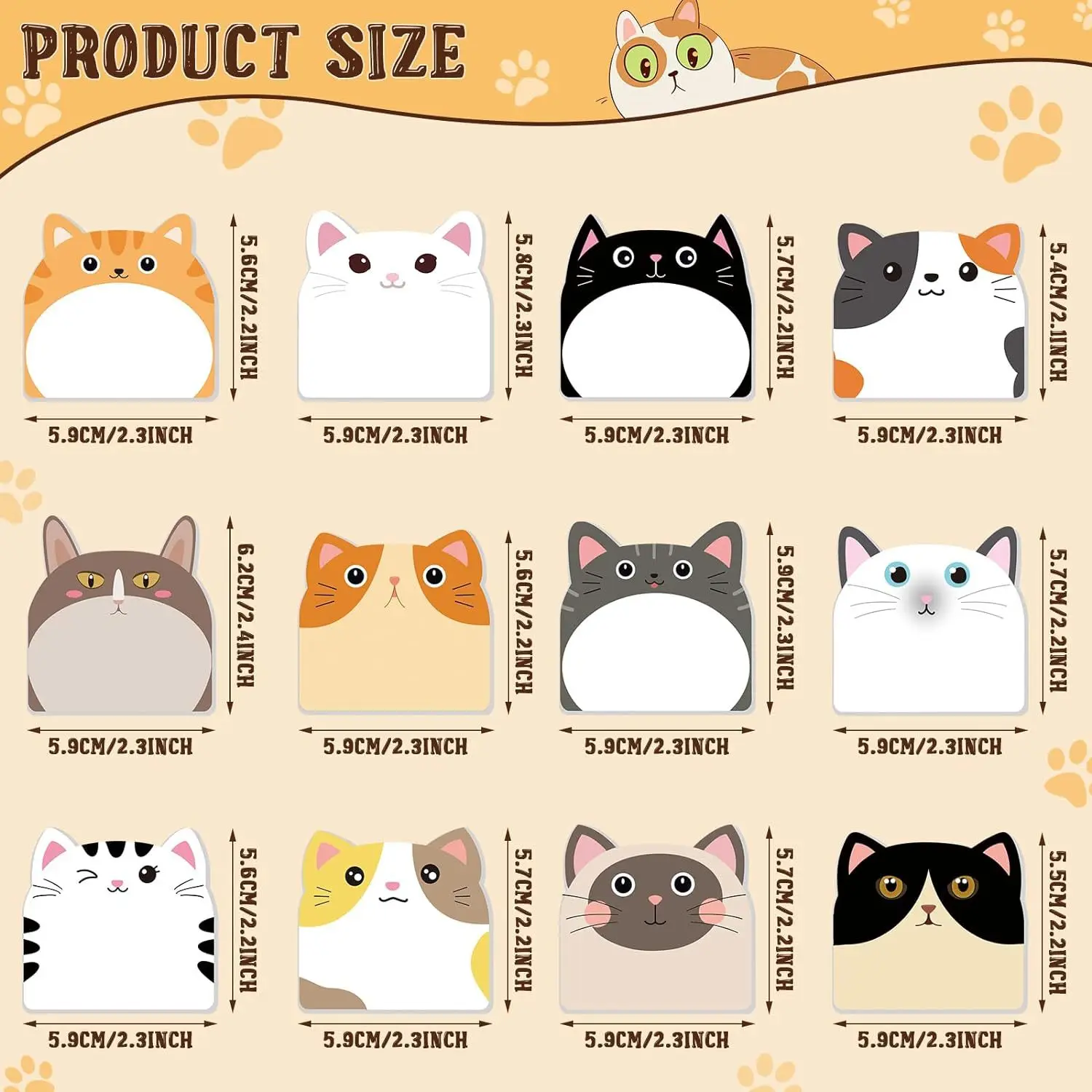 Gato dos desenhos animados Sticky Notes, Kawaii N Times Adesivos, Memorando de Papel, Papelaria Escolar, Material de Escritório, 360 Folhas, 12Pcs