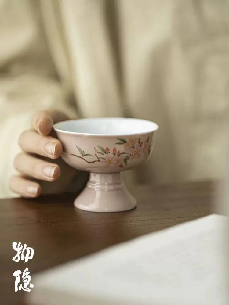 Wuyintang Underglaze Hand Painted Peach Blossom Lid Bowl Imitation Song Dynasty Tall Ceramic Master Single Cup Large Tea Cup
