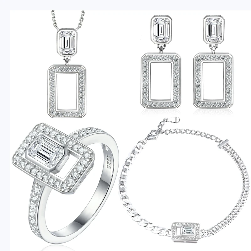Hollow-out square diamond ring, fringed earrings, square pendant necklace, bracelet, European and American S925 silver jewelry s