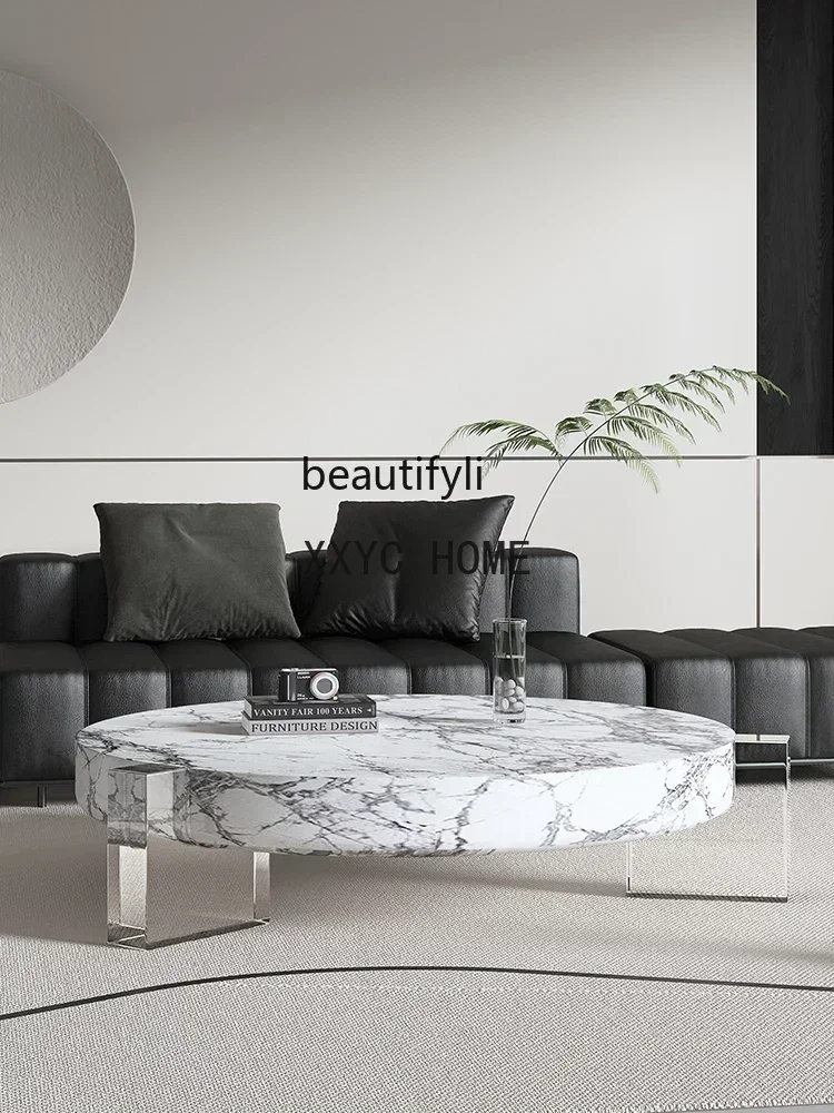 Italian Simple and Natural Marble Solid Coffee Table Living Room Light Luxury Model Room Designer round Acrylic Tea Table