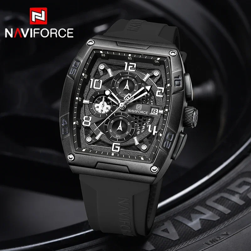NAVIFORCE الرجال الكوارتز متعددة الوظائف الساعات موضة الرياضة التقويم مقاوم للماء ساعات المعصم رجل كبير الطلب سيليكون حزام على مدار الساعة