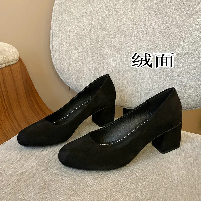 New Soft Leather Pumps Women Basic Spring Square High Heels Office Career Comfortable Shoes Plus Size 43 44 45 For Lady S0001