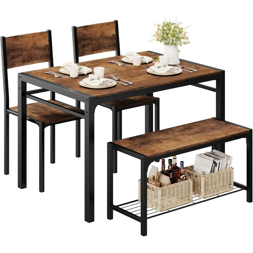 Kitchen Table and 2 Chairs for 4 with Bench, 4 Piece Dining Sets for Small Space, Rustic Brown