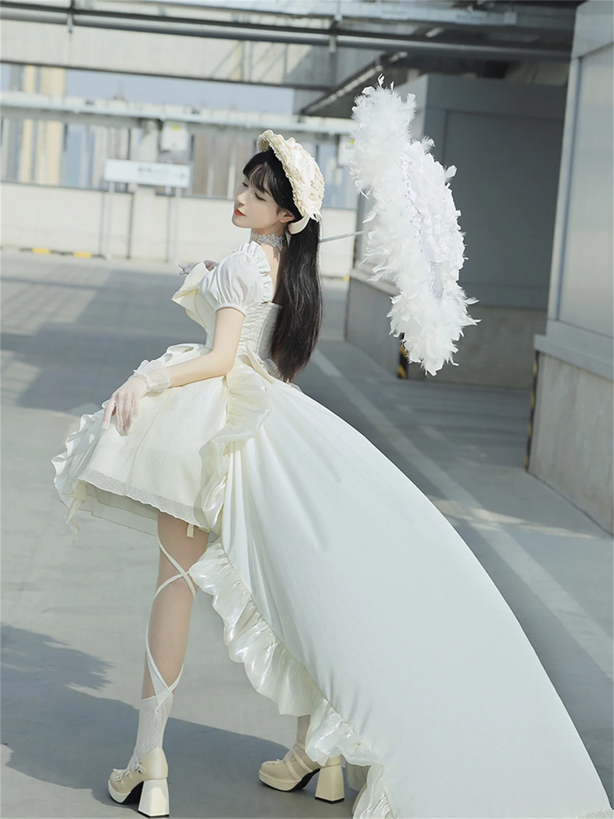 Withpuji Original French Romantic Style Cosplay Lolita Op Elegant Girls White Puff Sleeve Bowknot Noble Moonlight Dress