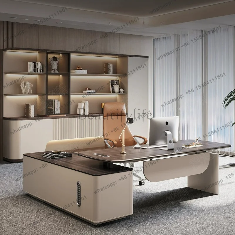 Modern Motorized Sit-Stand Executive Workstation Two-Tone Wood Grain L-Shaped Office Writing Desk with Matching Storage Cabinet