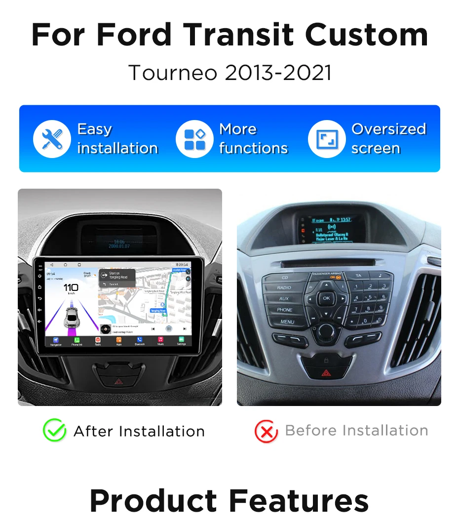 Junsun Autoradio für Ford Transit Custom Tourneo 2013-2021 360 ° Panoramakamera Kabelloses CarPlay Android Auto Stereo GPS-Navigation RDS Navigation SWC 4G-LTE WLAN Bluetooth FM 8-Kern Auto-Intelligentes System – Detail 3