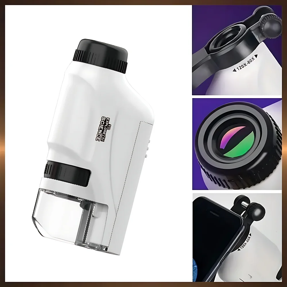 مجهر محمول باليد 60-120x مع مصباح ليد يعمل بالبطارية مجهر معدات العلوم التجريبية للأطفال #4