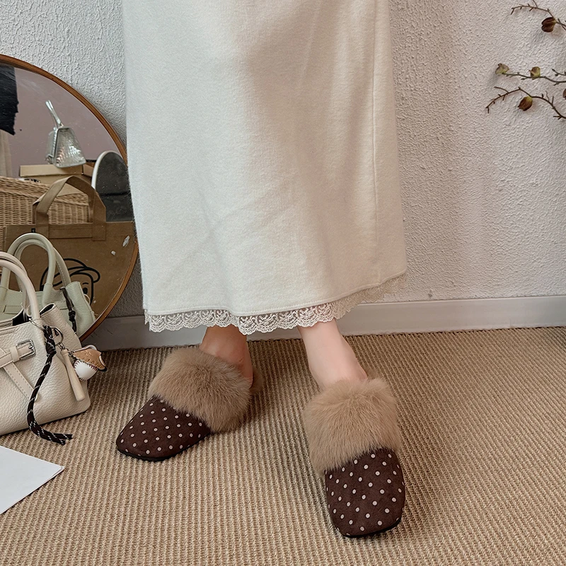 2026 New Warm Rabbit Fur Half-Slipper, Popular Bean Shoes, Trendy Korean Style Flat Non-Slip Fashion Mules