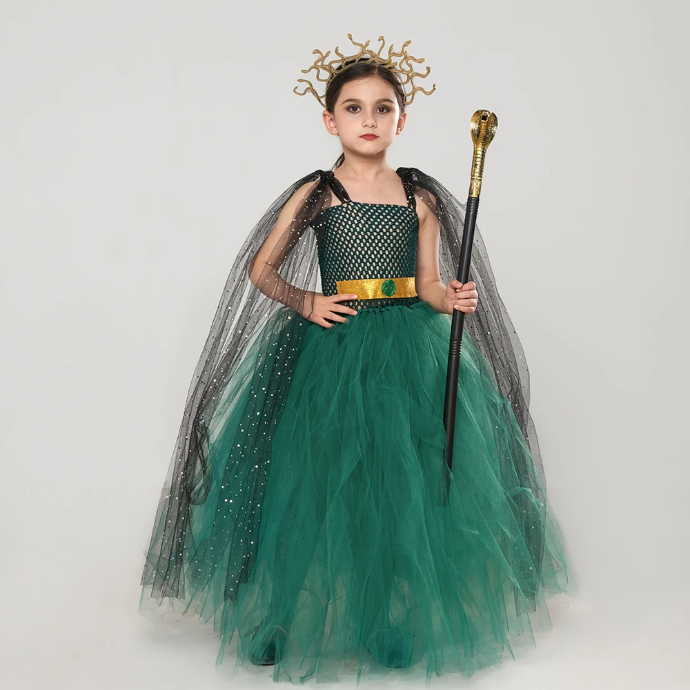 Medusa Costume Girls Greek Goddess Halloween Fancy Gown Tutu Dress with Headpiece Hunter Green Medusa Role-play Clothing