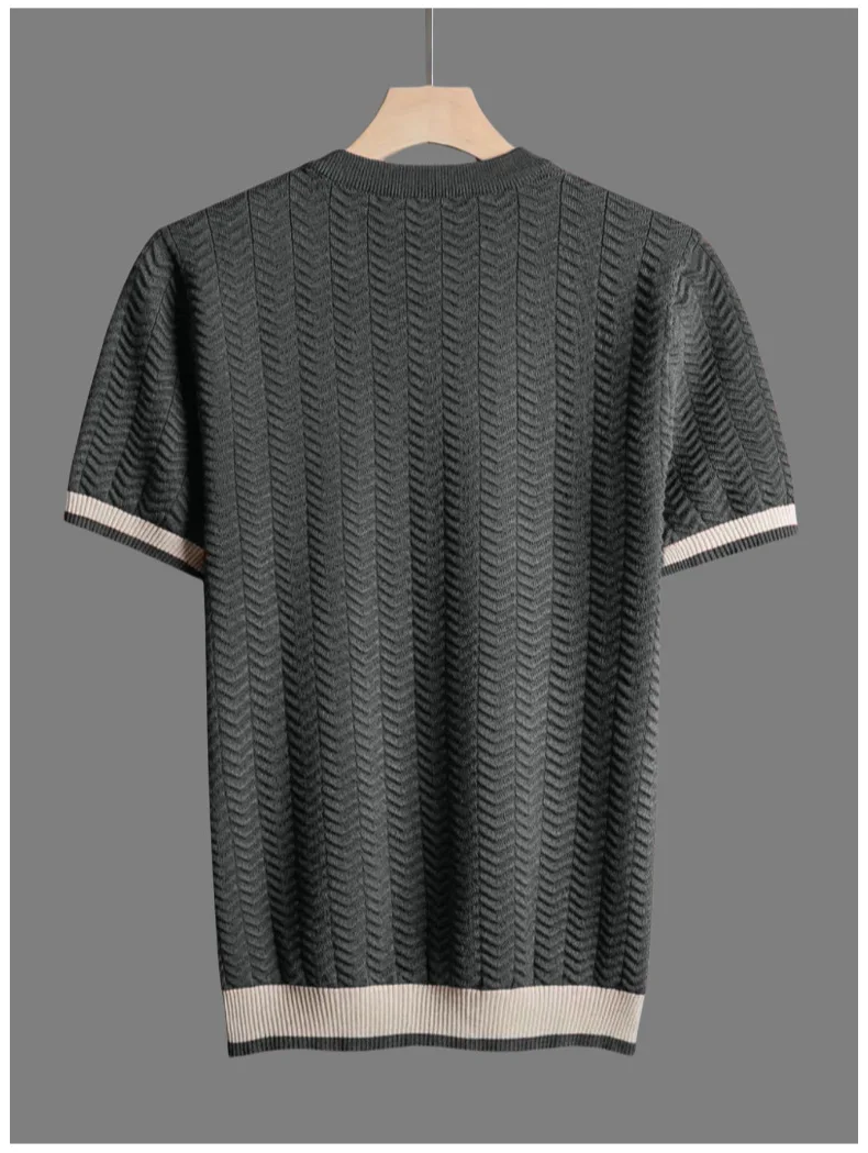 Jacquard Texture Knitted Tshirts for Men Contrast Color Patchwork Short Sleeve Round Neck Knitwear Summer Knit Breath T-shirts