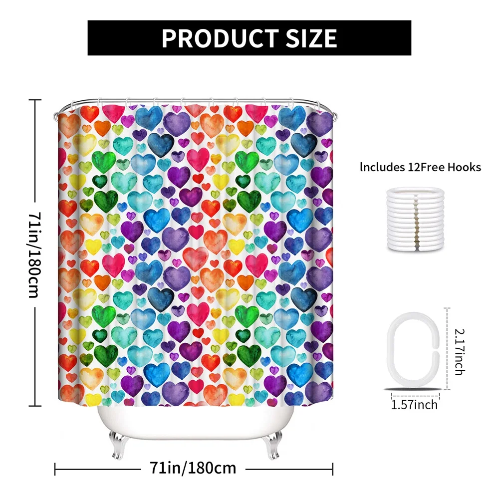 1PC, seven-color rainbow mood, modern home bathroom waterproof shower curtain, with 12 plastic hooks, 71in*71in