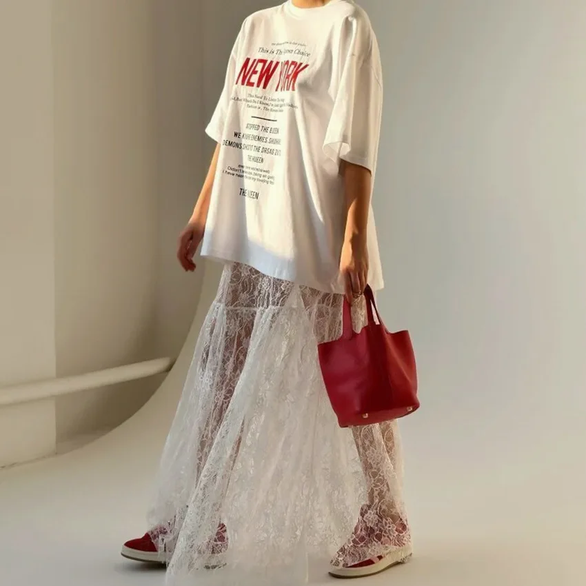 Gonna da donna Y2K Pizzo Midi Maglia trasparente Floreale Vintage Boho Elastico a vita alta Trasparente Gonne fluide Vacanza Beach Clubwear