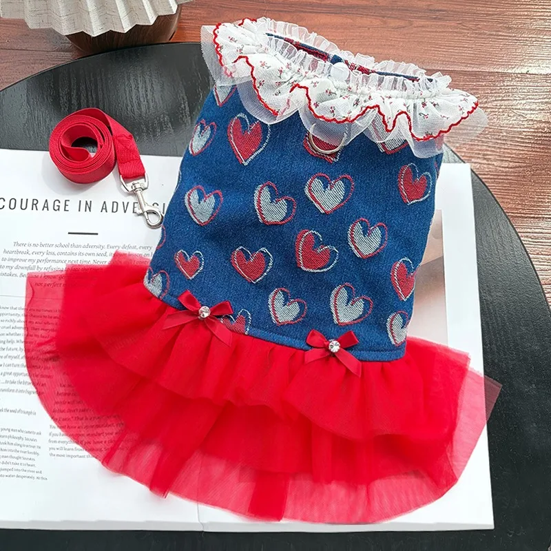 Haustier Cowboy-Stil Puffrock Sonnenschutzkleidung für Welpen Teddy Herz-Print Kleid Atmungsaktiver Bichon Frise Pullover
