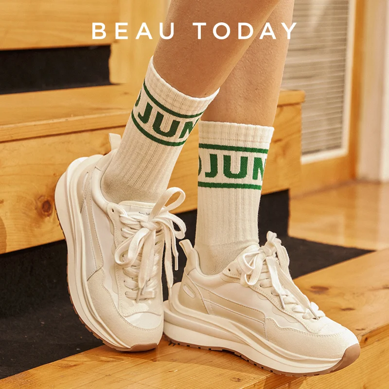 BeauToday Chunky Sneakers Casual Women Cow Suede Synthetic Leather Patchwork Lace-Up Round Toe Ladies Waffle Shoes 29439