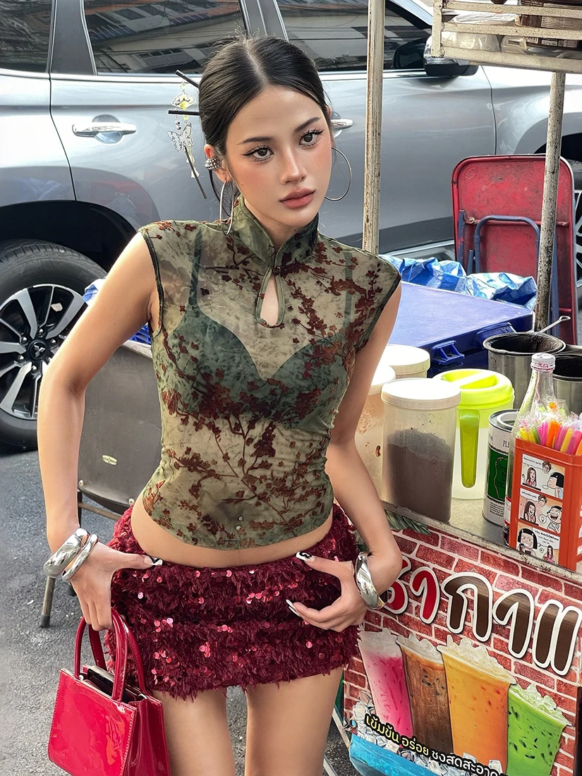 WEIRD PUSS New Chinese Style Stand Collar Retro Velvet Hollow out T-Shirt Women's Thin Sexy Versatile Slim Fit Top