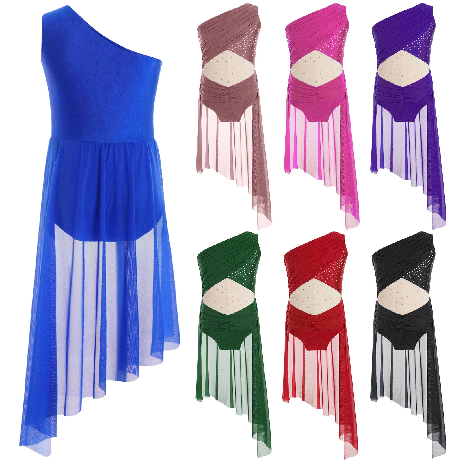 เด็กหญิงเต้นรําชุด Leotard Patchwork Rhinestone เงาบอดี้สูท STAGE เครื่องแต่งกายหนึ่งไหล่แขนกุด Jumpsuit