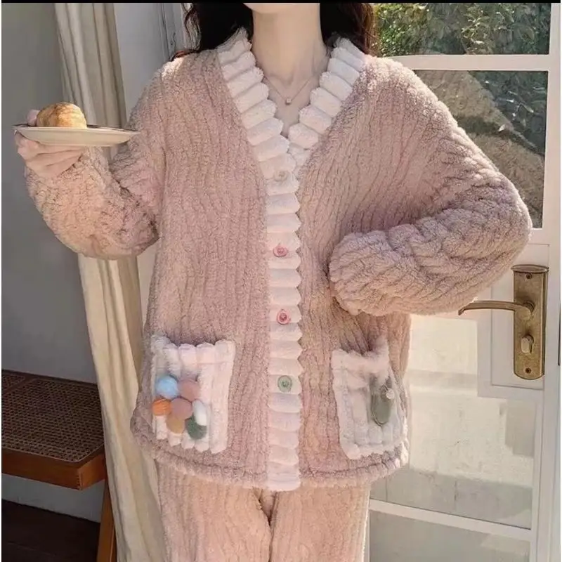Conjunto de Pijamas de Invierno para Mujer, Kimono, 2 Piezas, Camisa y Pantalones, Felpa Coral, Cheongsam, Ropa de Dormir Súper Cálida, Colorida, con Botones