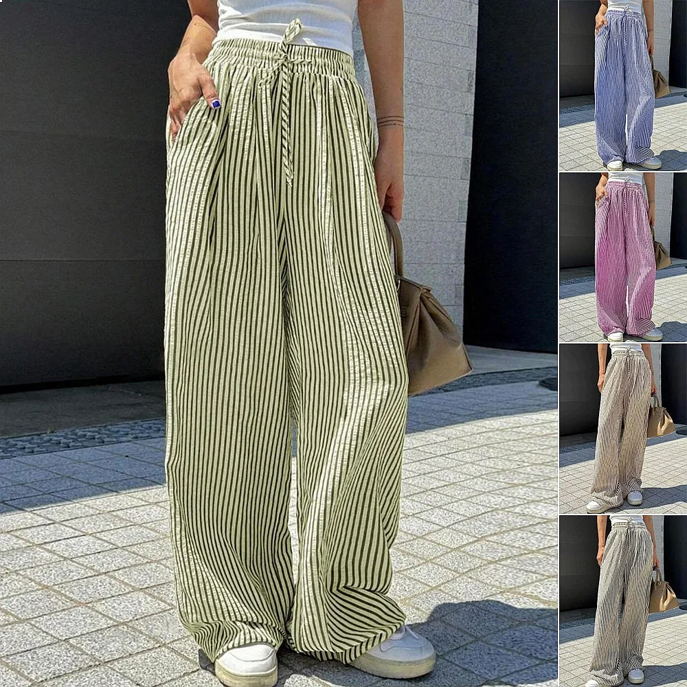 Striped Pants Women Casual Loose Pant High Waist Straight Trousers Spring Summer