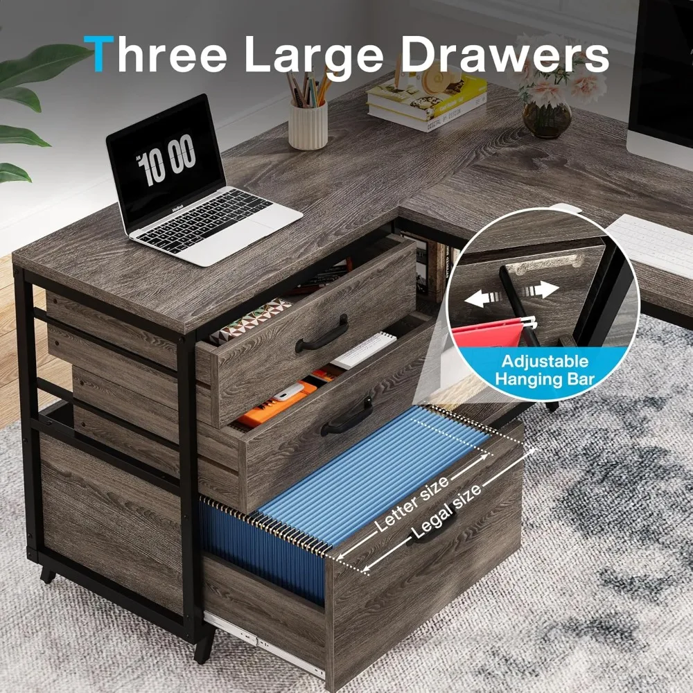 مكتب زاوية على شكل حرف L مع 3 أدراج، مكتب كمبيوتر مكتبي منزلي قابل للعكس، مكتب على الطراز الصناعي مقاس 53 بوصة مع أرفف تخزين #4