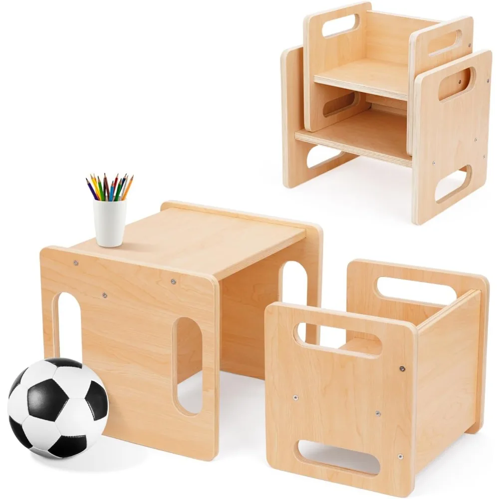 Weaning Table and Chair Set,Kids Activity Table and Chair Set with Fence for Read, Play Toys, Snack Time,Step Stool