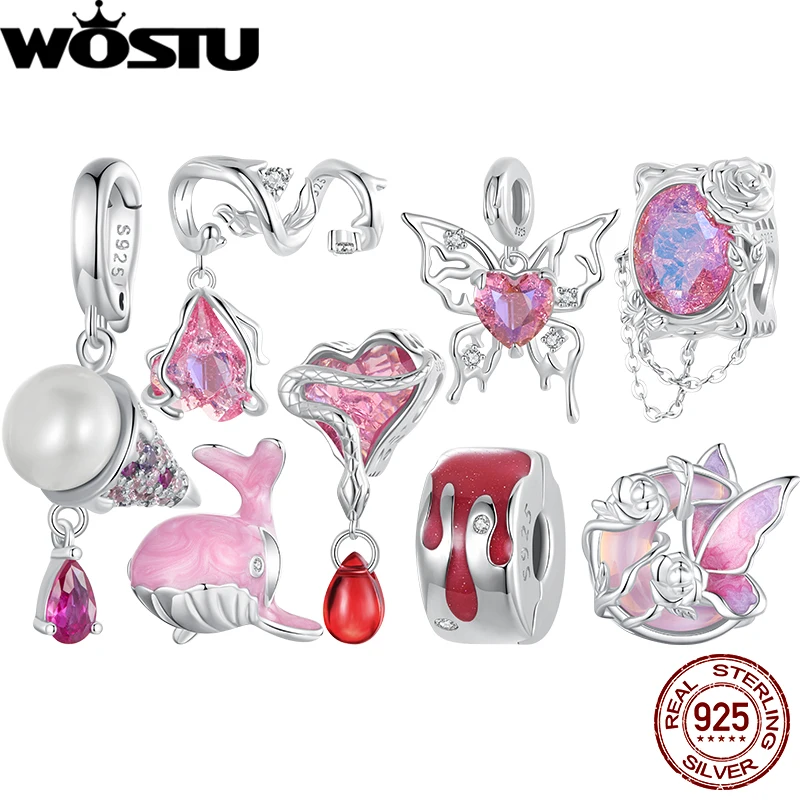 WOSTU 925 Sterling Silver Pink Moonlight Butterfly Charm Transparent Glass Rose Pendant Fit Original Necklace DIY Jewelry Making