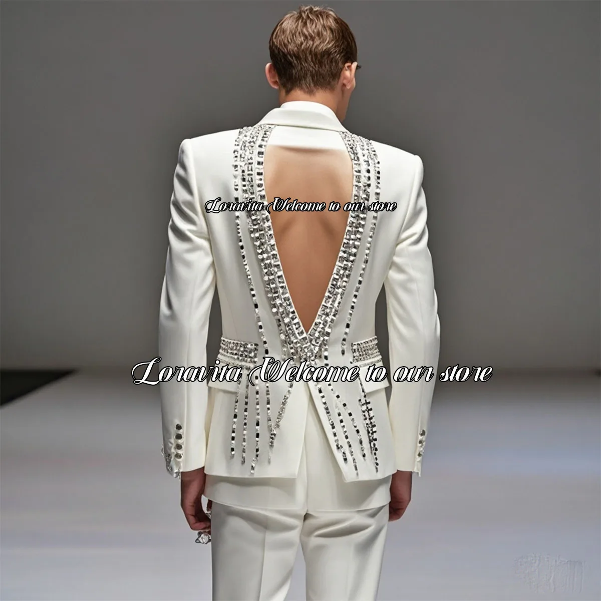 Fashion Shiny Crystal Hollow back Men Suits 2 Pieces Sets Male Prom Blazer Slim Fit Groom Tuxedos Wedding trajes para hombre