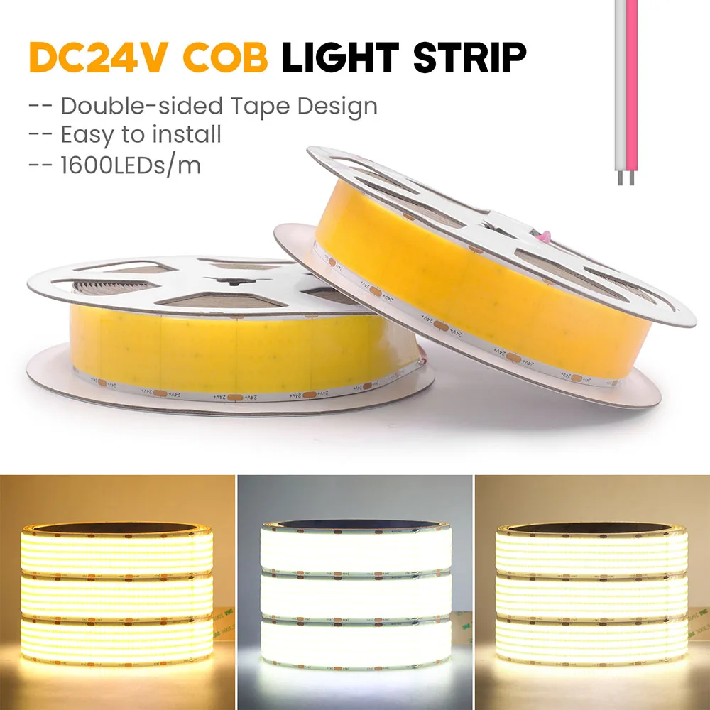 Ultra Bright COB LED Strip Light 12V 24V 1600LED/M 5 Rows  Dimmable Linear Lighting 3000K 4000K 6000K Flex Adhesive Tape 0.5M 5M