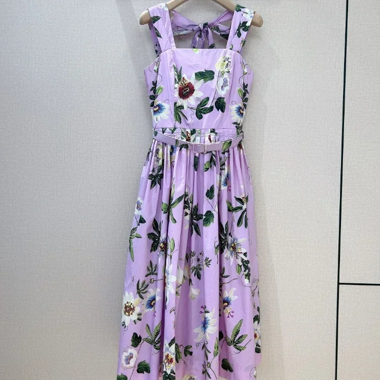 2024 New Top Quality Pure Cotton Beach Style Floral Printing Self Tie Bow Backless Midi Dresses Women Holiday