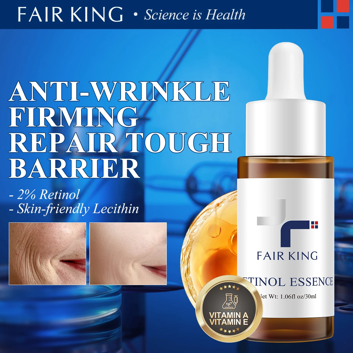 

Сыворотка с ретинолом против старения, осветляющая кожу, разглаживающая морщины, уменьшающая пигментные пятна, ускоряющая обновление кожи и сужающая поры, с витамином А.