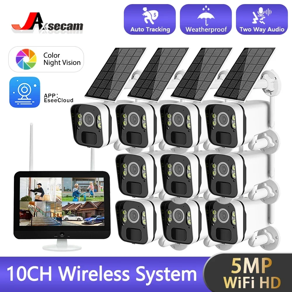 

10CH 5MP NVR Wireless Solar Panel Battery WIFI Camera WiFi NVR Video Surveillance Security System Kit With PIR Detection Monitor