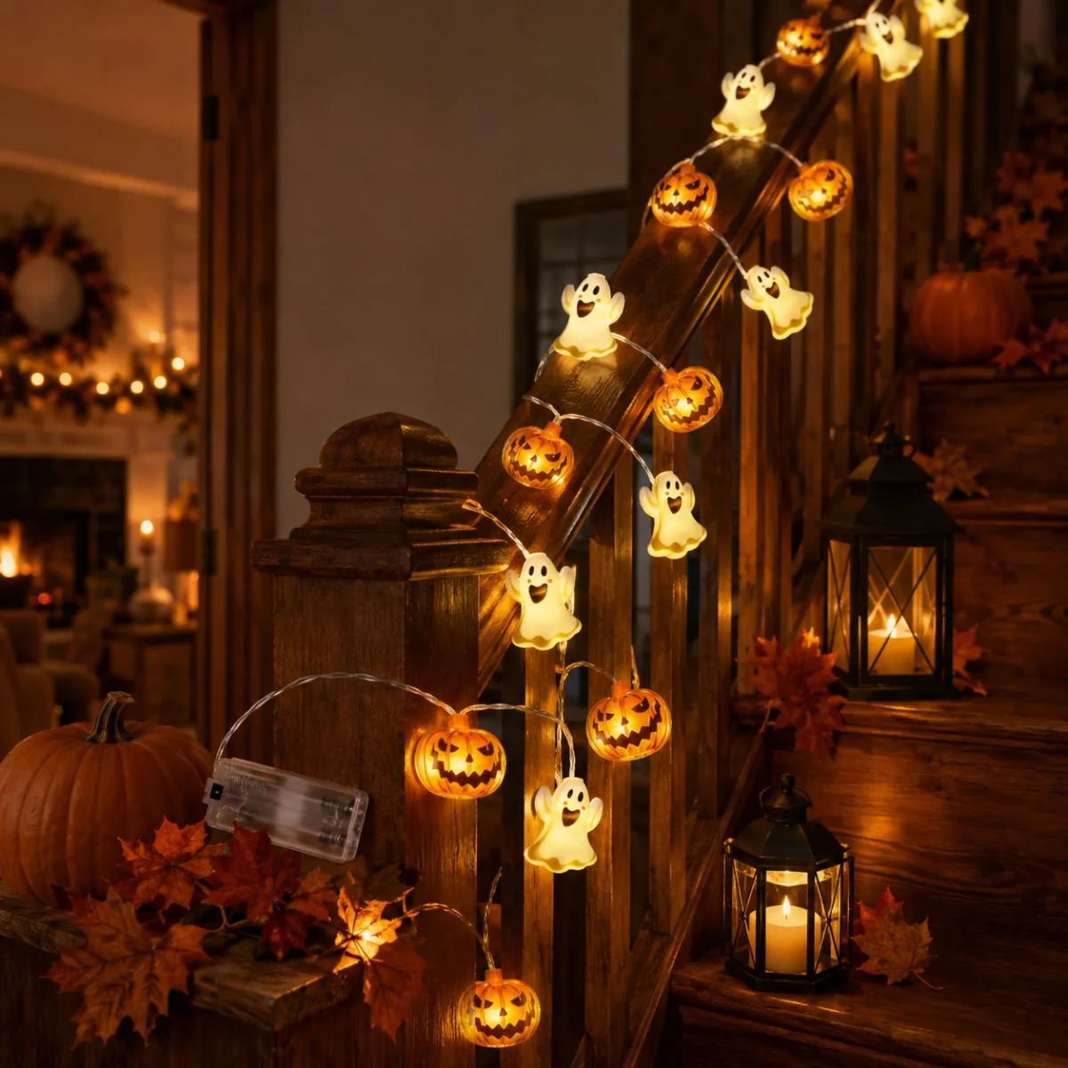 1 Stück 10/20 LED Halloween Geister- & Kürbis-Lichterkette, gemischte Formen, LED-Lichterkette für Zuhause, Terrasse, Bar, Gothic-Feiertagsparty-Dekoration – Detail 5